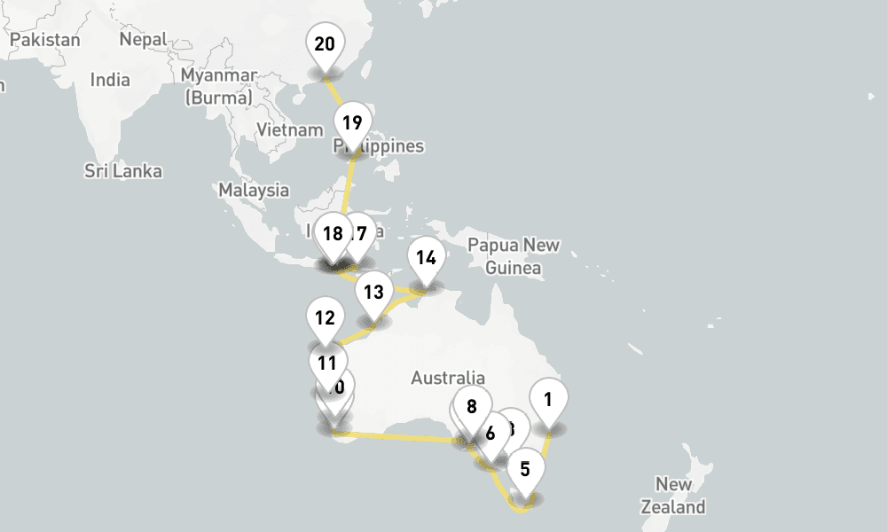 39 days, one-way from Sydney to Hong Kong 40日間