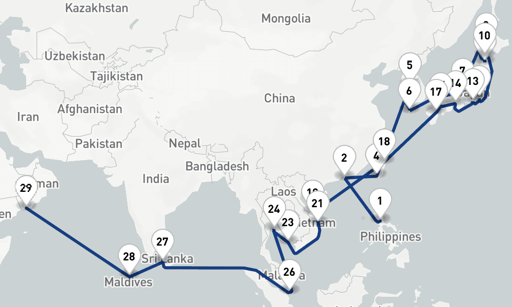 54 days, one-way from Manila to Salalah 55日間