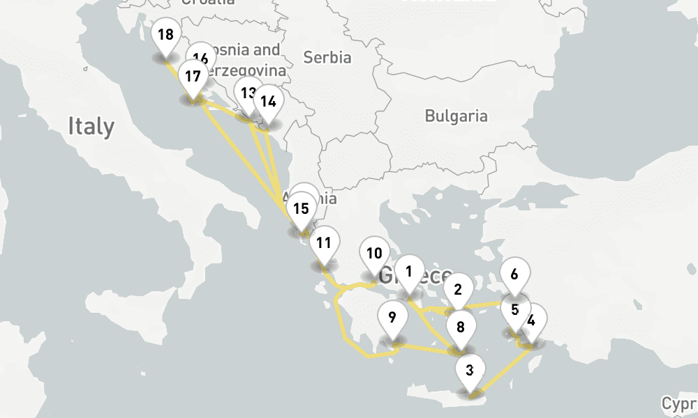 21 days, one-way from Piraeus-Athens to Dubrovnik 22日間