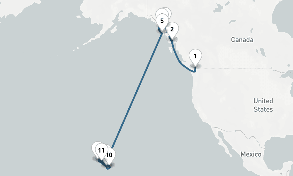 16 days, one-way from Vancouver to Honolulu 17日間