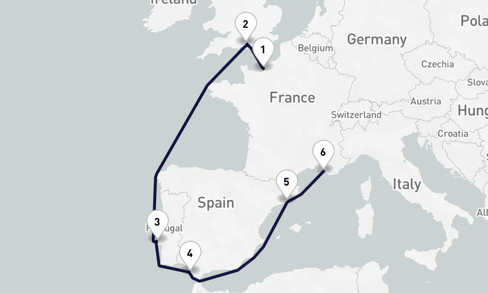 8 days, one-way from Le Havre-Paris to Marseille 9日間