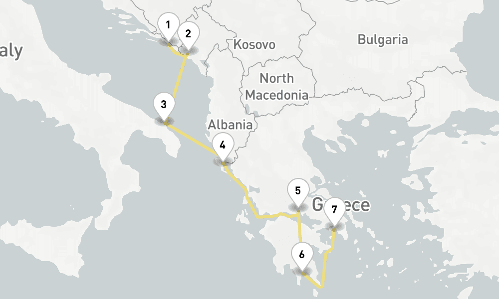7 days, one-way from Dubrovnik to Piraeus-Athens 8日間