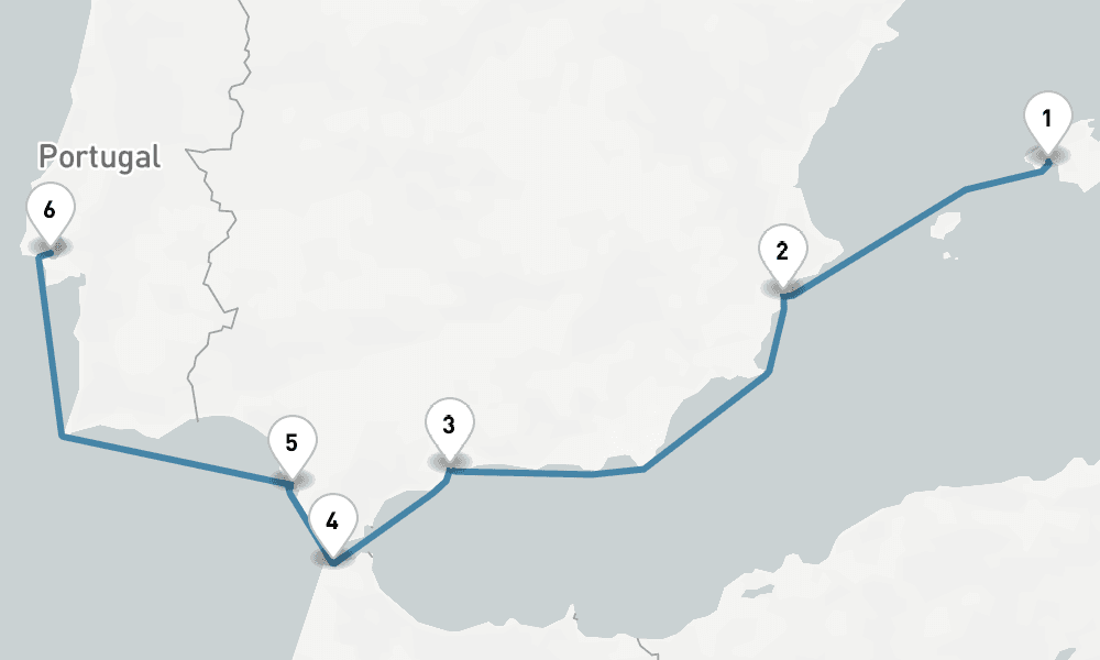 6 days, one-way from Palma de Mallorca to Lisbon 7日間
