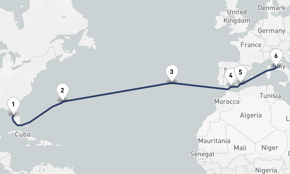 15 days, one-way from Tampa to Civitavecchia-Rome 16日間