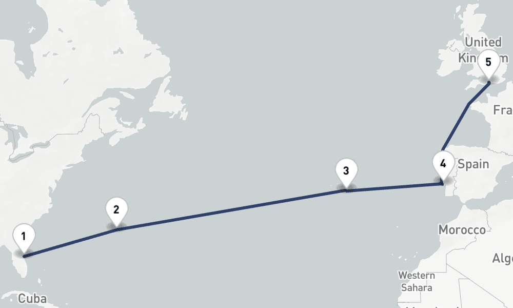 13 days, one-way from Port Canaveral to Southampton 14日間