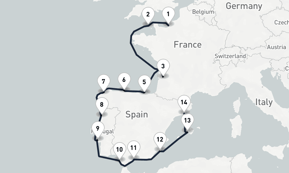 14 days, one-way from Le Havre-Paris to Barcelona 15日間