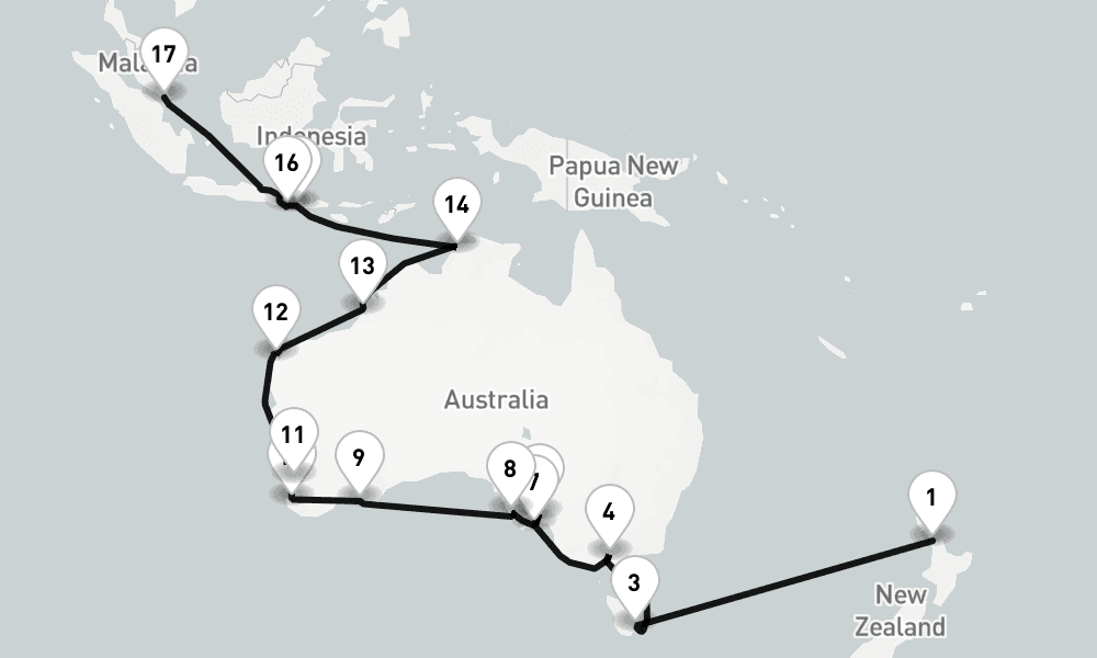 34 nights / 35 days, one-way from Auckland to Singapore