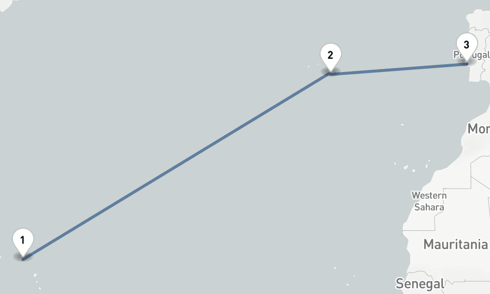 14 nights / 15 days, one-way from Philipsburg (St Maarten Island, Dutch Antilles) to Lisbon