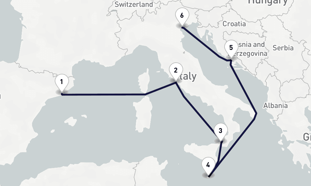 7 days, one-way from Barcelona to Venice 8日間