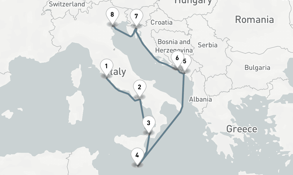 8 days, one-way from Civitavecchia-Rome to Venice 9日間
