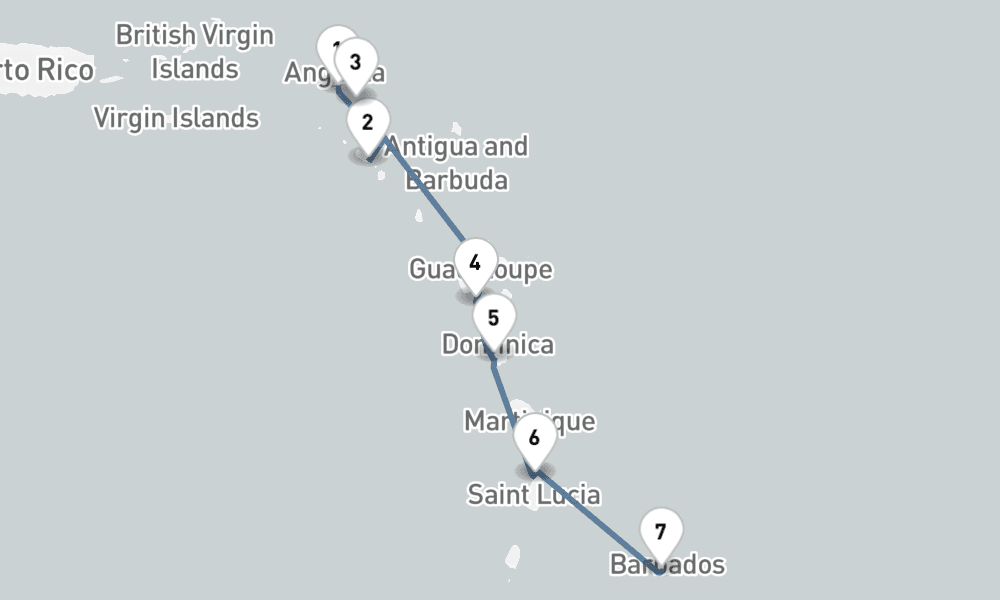 7 nights / 8 days, one-way from Philipsburg (St Maarten Island, Dutch Antilles) to Bridgetown (Barbados)