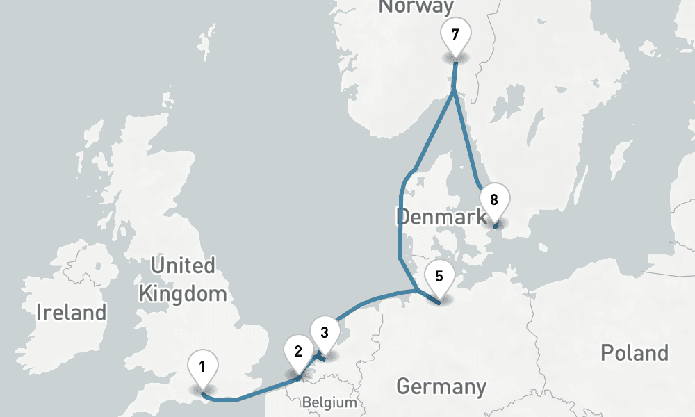 9 days, one-way from Southampton to Copenhagen 10日間