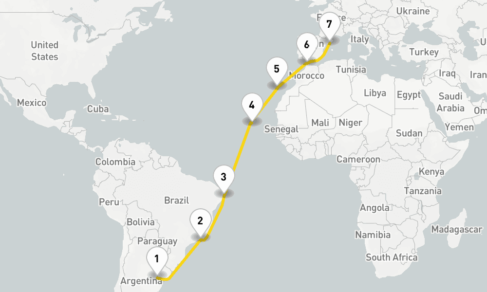 18 days, one-way from Buenos Aires to Barcelona 19日間