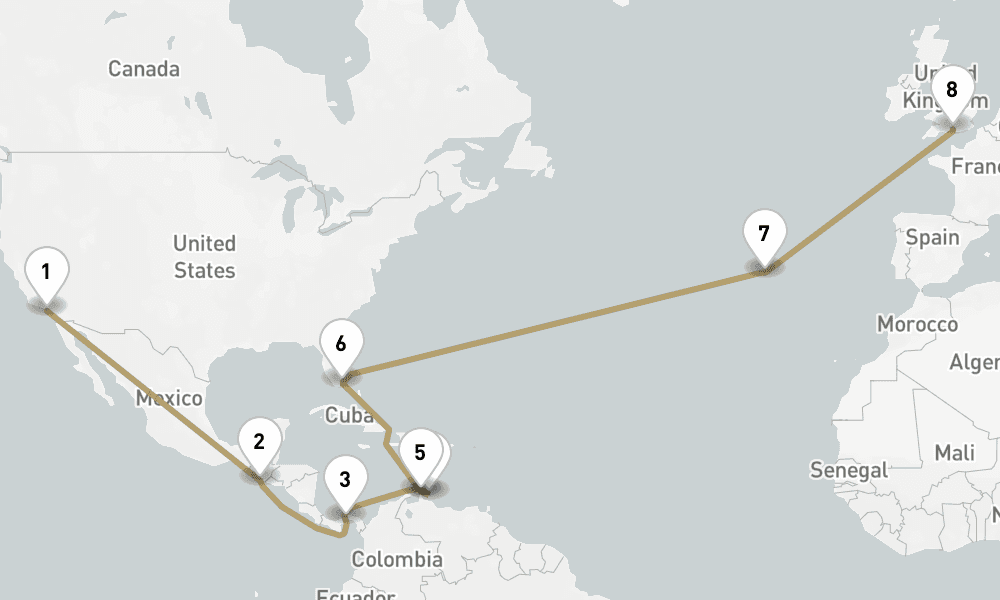 25 days, one-way from Los Angeles to Southampton 26日間