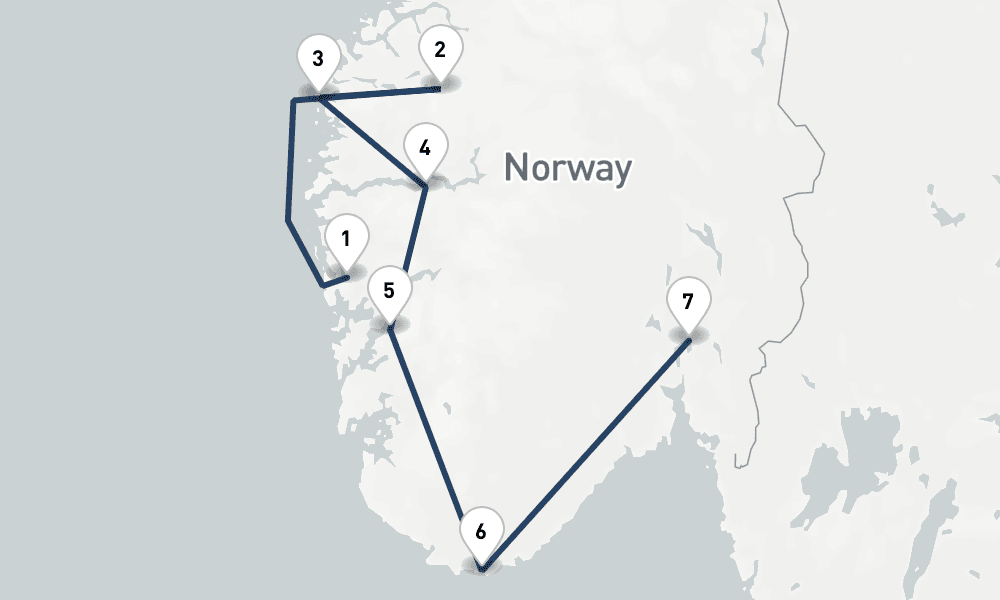 7 days, one-way from Bergen to Oslo 8日間