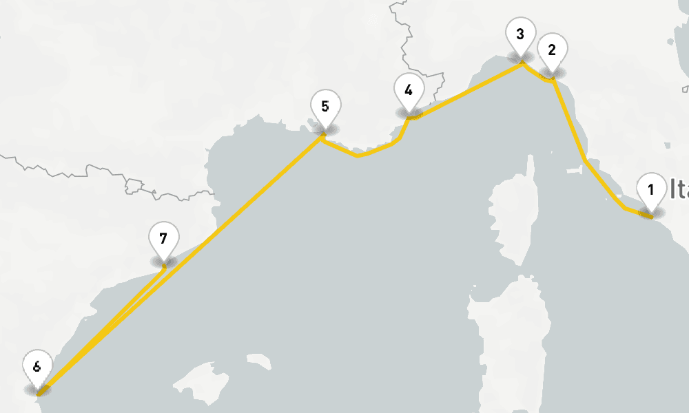 7 days, one-way from Civitavecchia-Rome to Barcelona 8日間