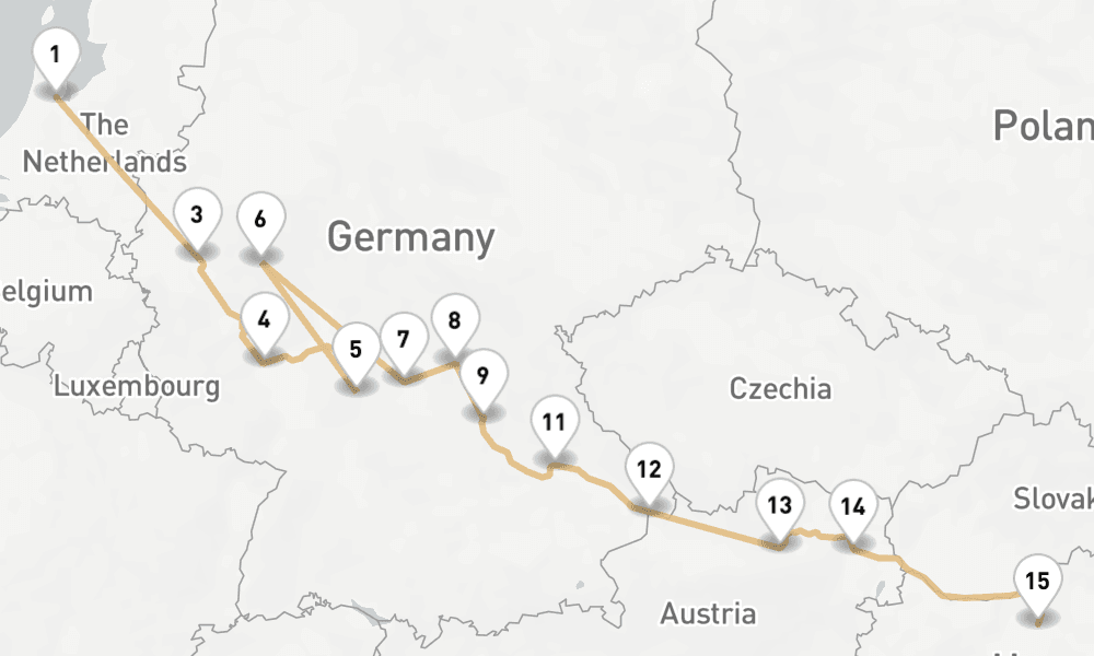 14 nights / 15 days, one-way from Amsterdam (Holland) to Budapest