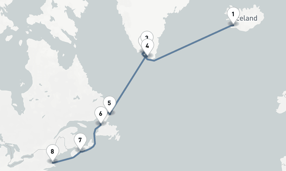 14 days, one-way from Reykjavik to Boston 15日間