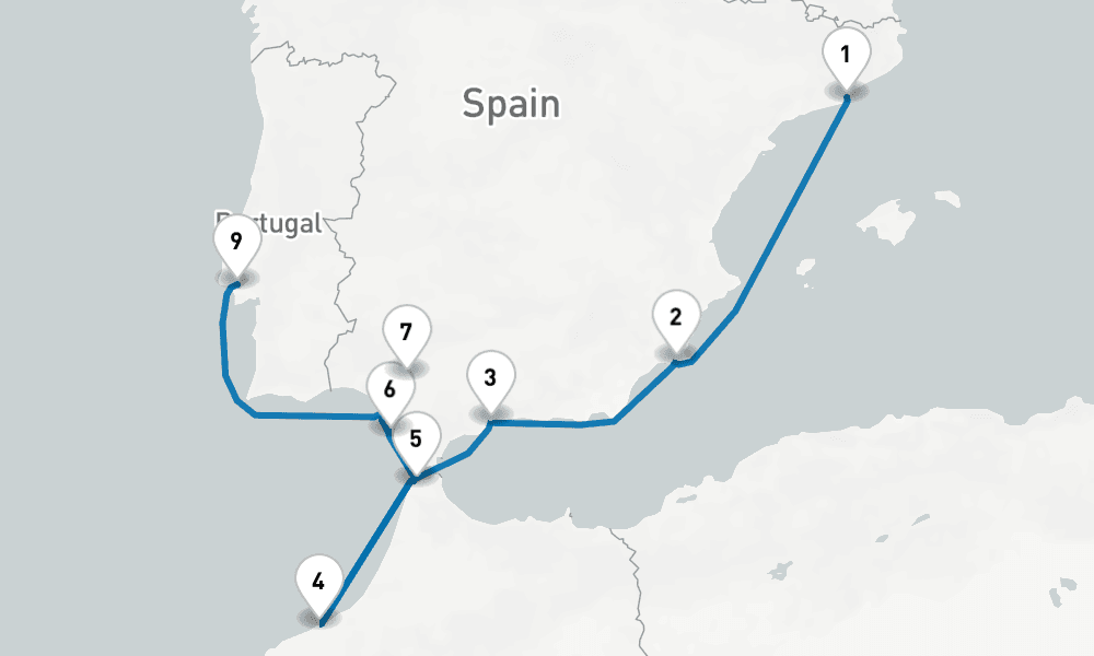 10 days, one-way from Barcelona to Lisbon 11日間