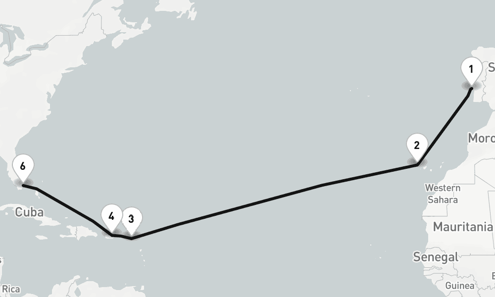 15 days, one-way from Lisbon to Miami 16日間