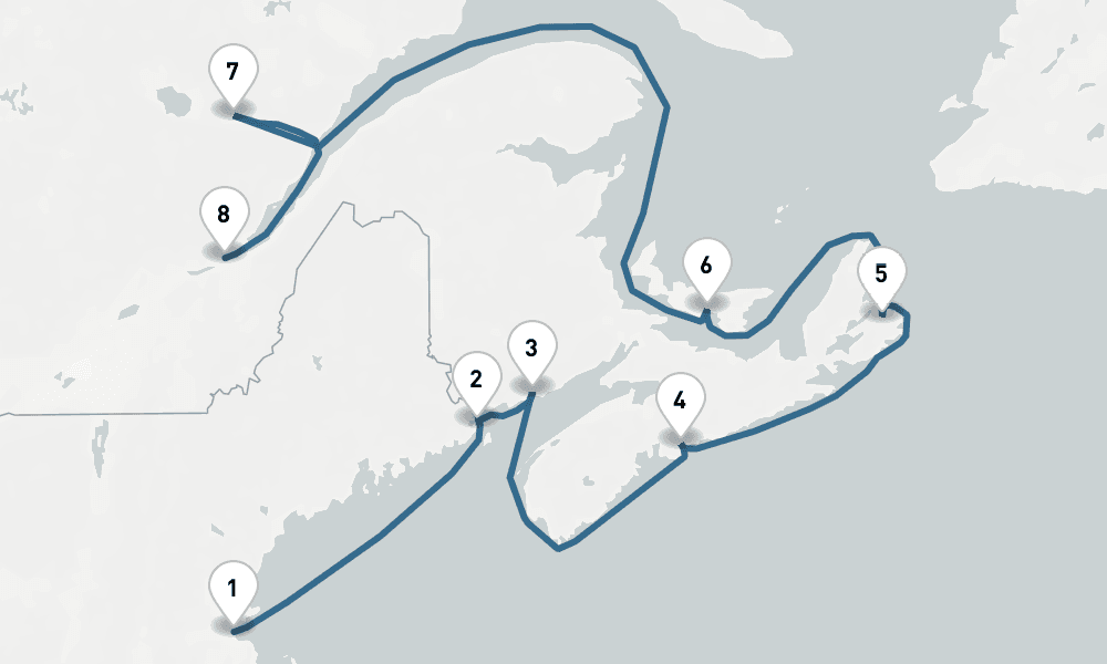 11 days, one-way from Philadelphia to Quebec City 12日間