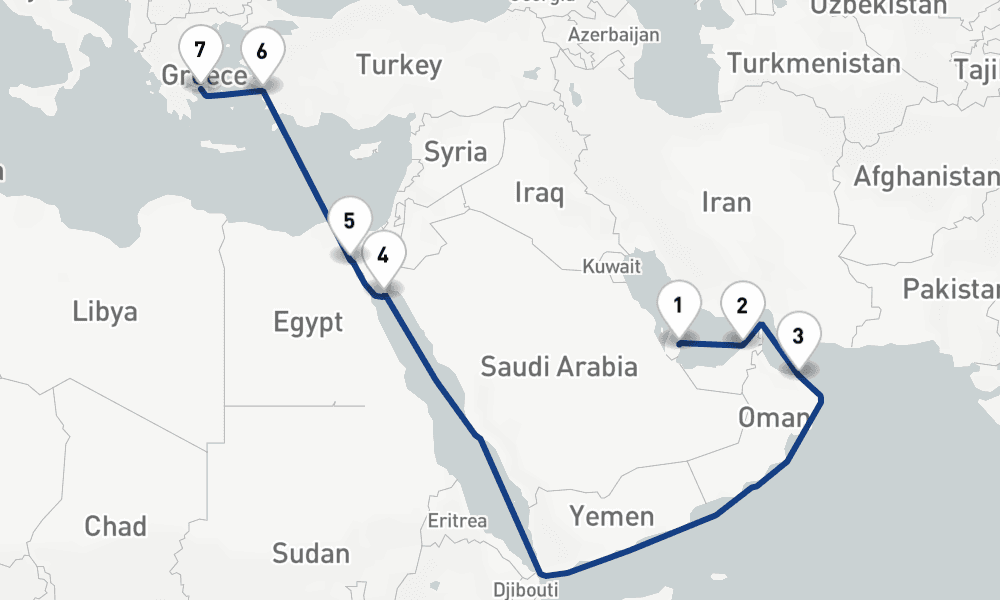 14 nights / 15 days, one-way from Doha to Piraeus (Athens, Greece)
