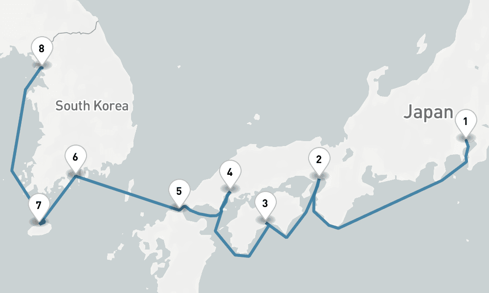 9 days, one-way from Tokyo to Incheon 10日間