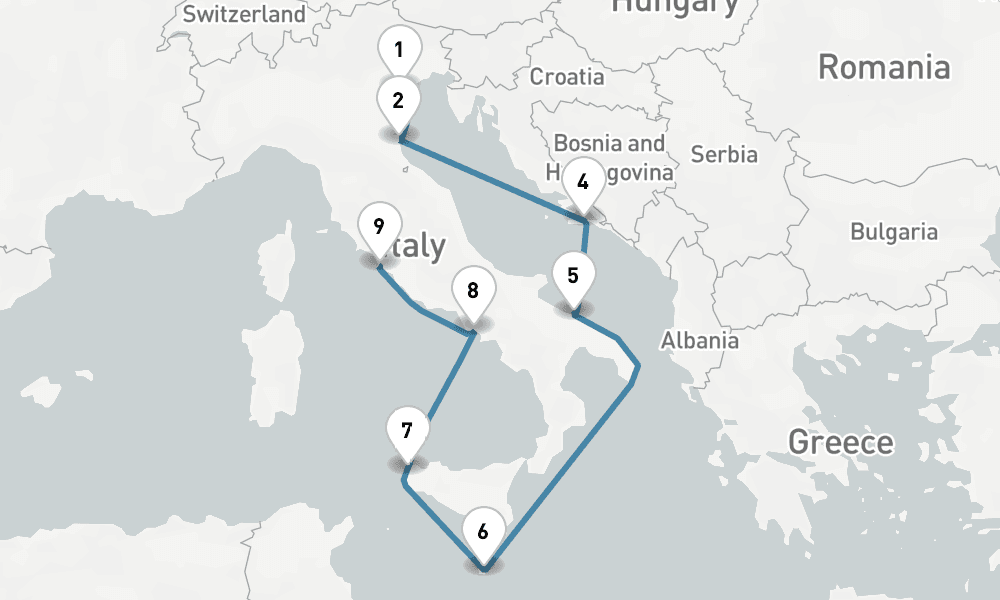 9 days, one-way from Venice to Civitavecchia-Rome 10日間