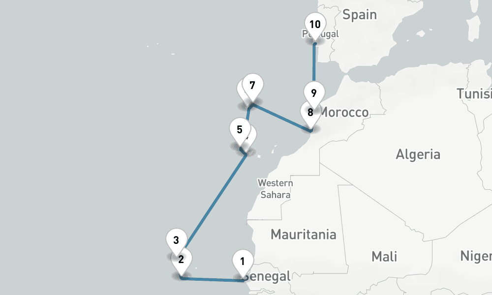 14 days, one-way from Dakar to Lisbon 15日間
