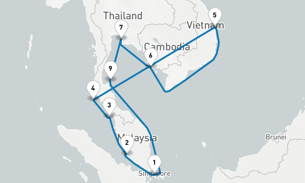 14 days, round-trip Southeast Asia with Malaysia, Thailand Vietnam 15日間