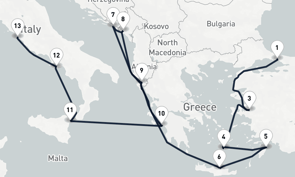 14 days, one-way from Istanbul to Civitavecchia-Rome 15日間