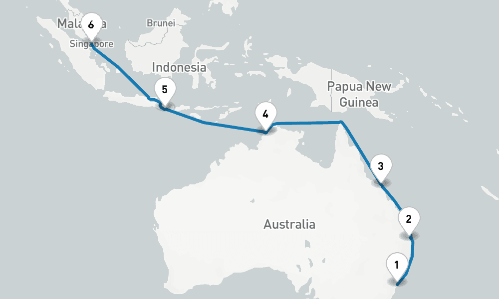 18 days, one-way from Sydney to Singapore 19日間