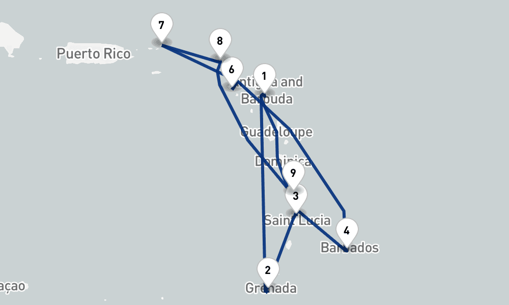 14 days, round-trip Eastern Caribbean Islands Fly-Cruise 15日間
