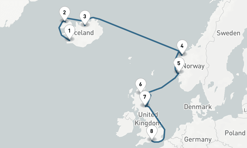 10 days, one-way from Reykjavik to Southampton 11日間