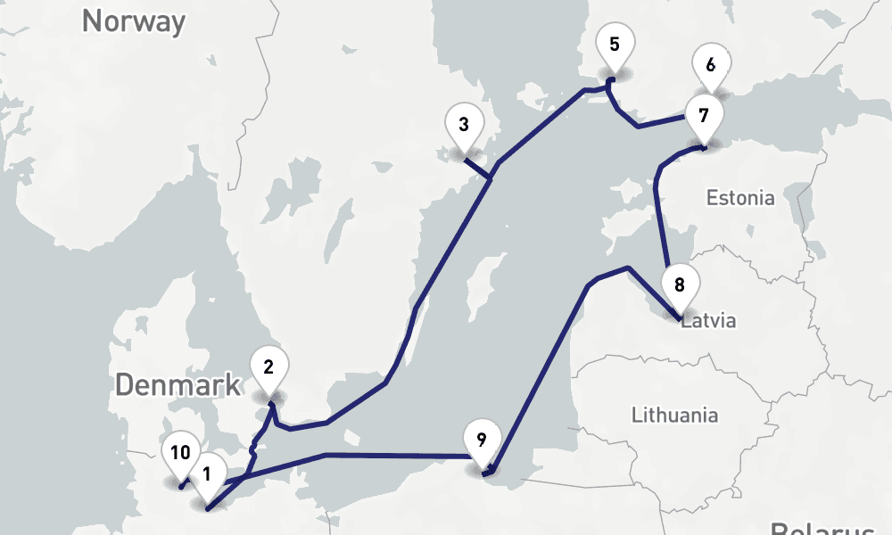 12 nights / 13 days, one-way from Travemunde (Lubeck, Germany) to Kiel
