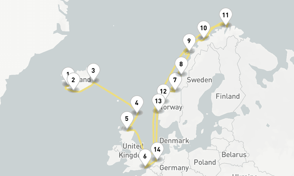 21 days, one-way from Reykjavik to Dover 22日間
