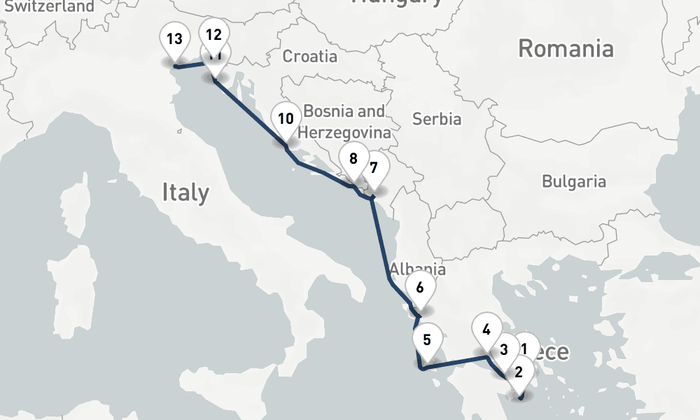 11 days, one-way from Piraeus-Athens to Venice 12日間