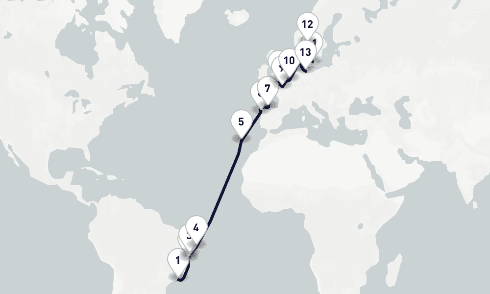 23 days, one-way from Rio de Janeiro to Hamburg 24日間