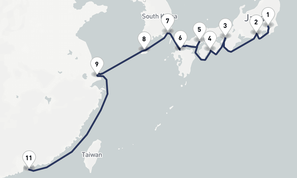 14 days, one-way from Tokyo to Hong Kong 15日間