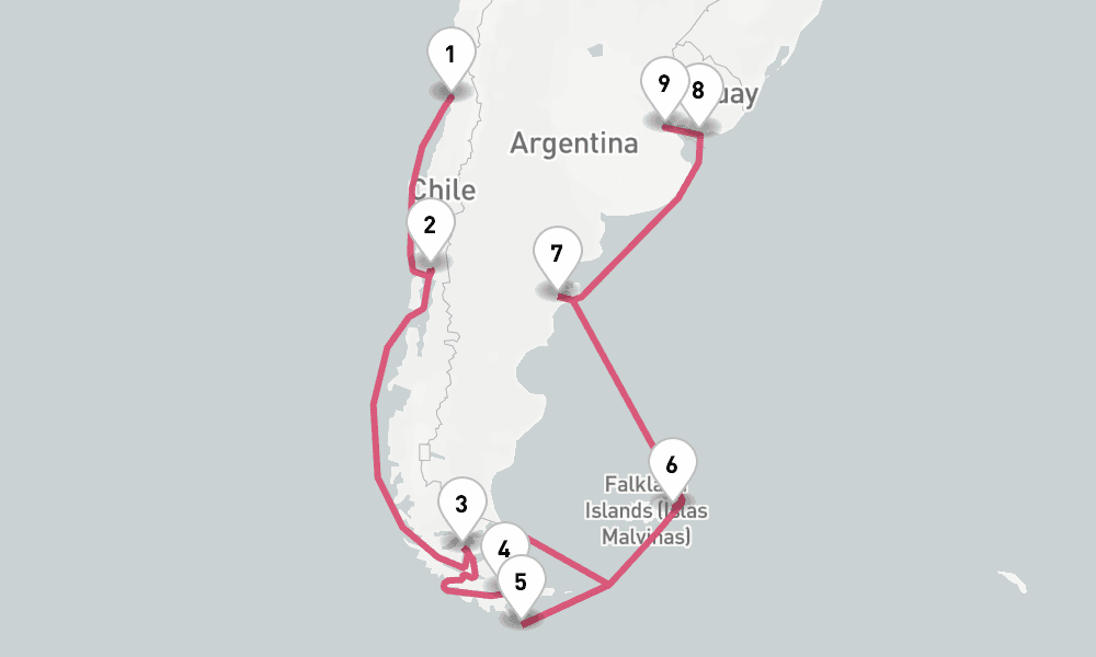 17 days, one-way from Valparaiso-Santiago to Buenos Aires 18日間