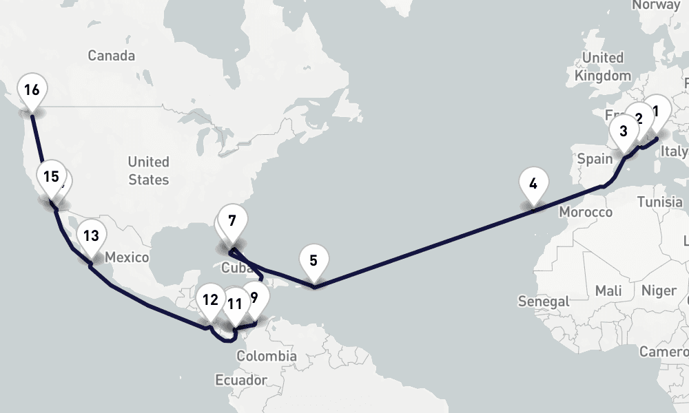 34 days, one-way from Genoa to Seattle 35日間