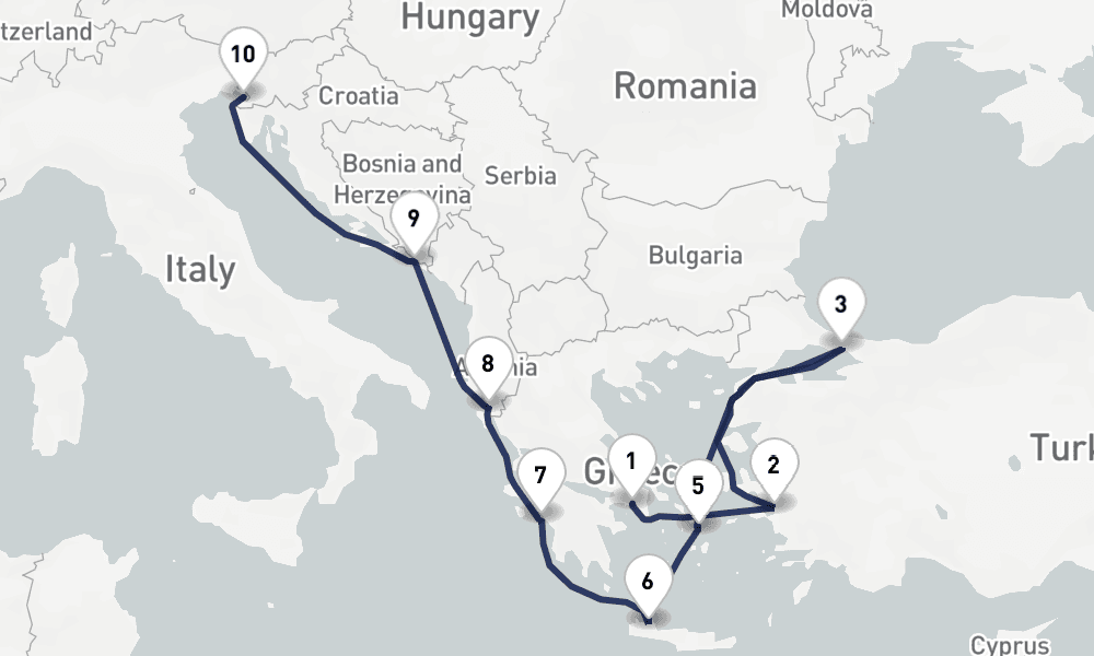 11 days, one-way from Piraeus-Athens to Trieste 12日間