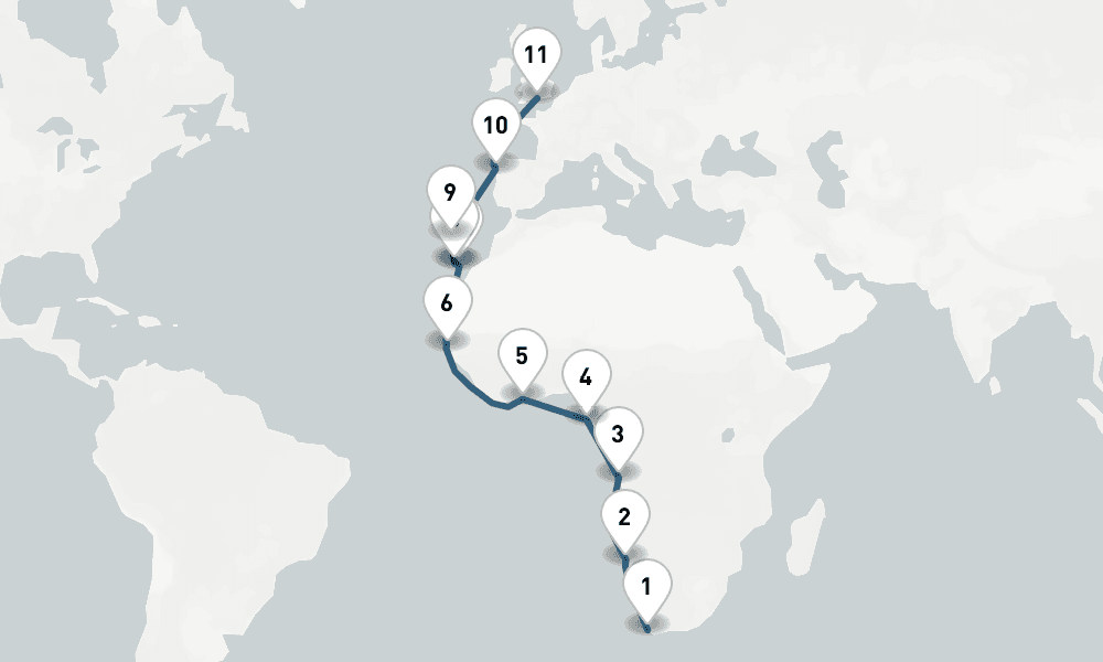 22 days, one-way from Cape Town to Southampton 23日間