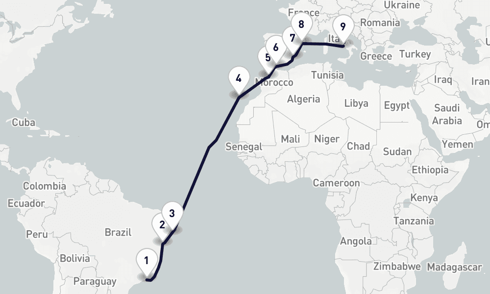 17 days, one-way from Rio de Janeiro to Naples 18日間