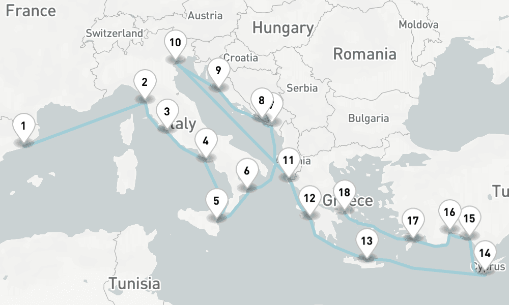 21 days, one-way from Barcelona to Piraeus-Athens 22日間