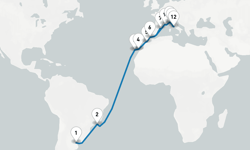 25 days, one-way from Buenos Aires to Civitavecchia-Rome 26日間