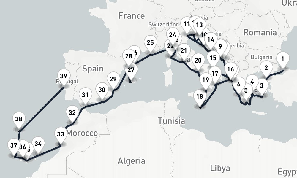 39 days, one-way from Istanbul to Lisbon 40日間