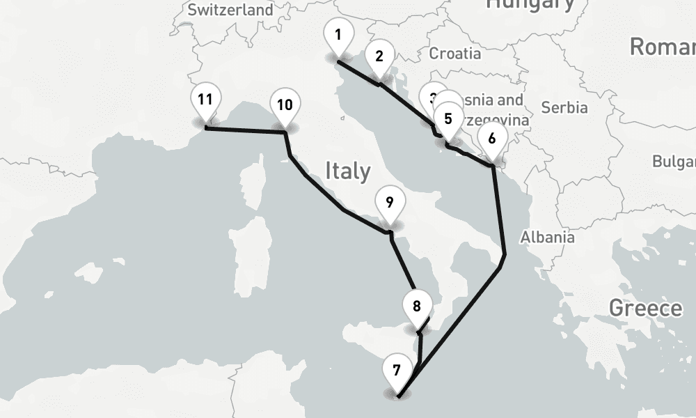 12 days, one-way from Venice to Villefranche-sur-Mer 13日間