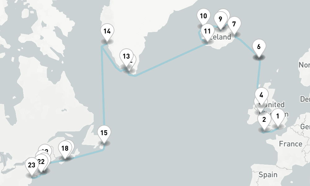 28 days, one-way from Portsmouth UK to New York 29日間
