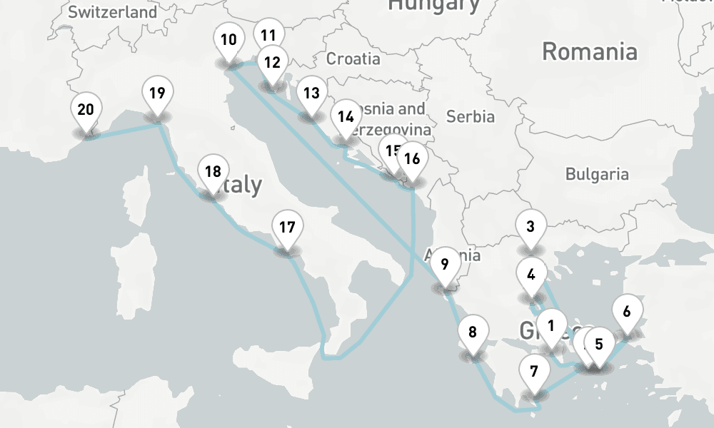 21 days, one-way from Piraeus-Athens to Villefranche-sur-Mer 22日間
